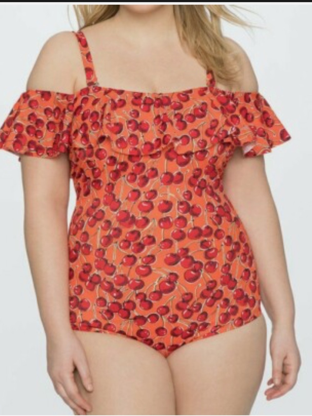 Eloquii Orange Cherry Print One-Piece Swimsuit with Ruffled Sleeves